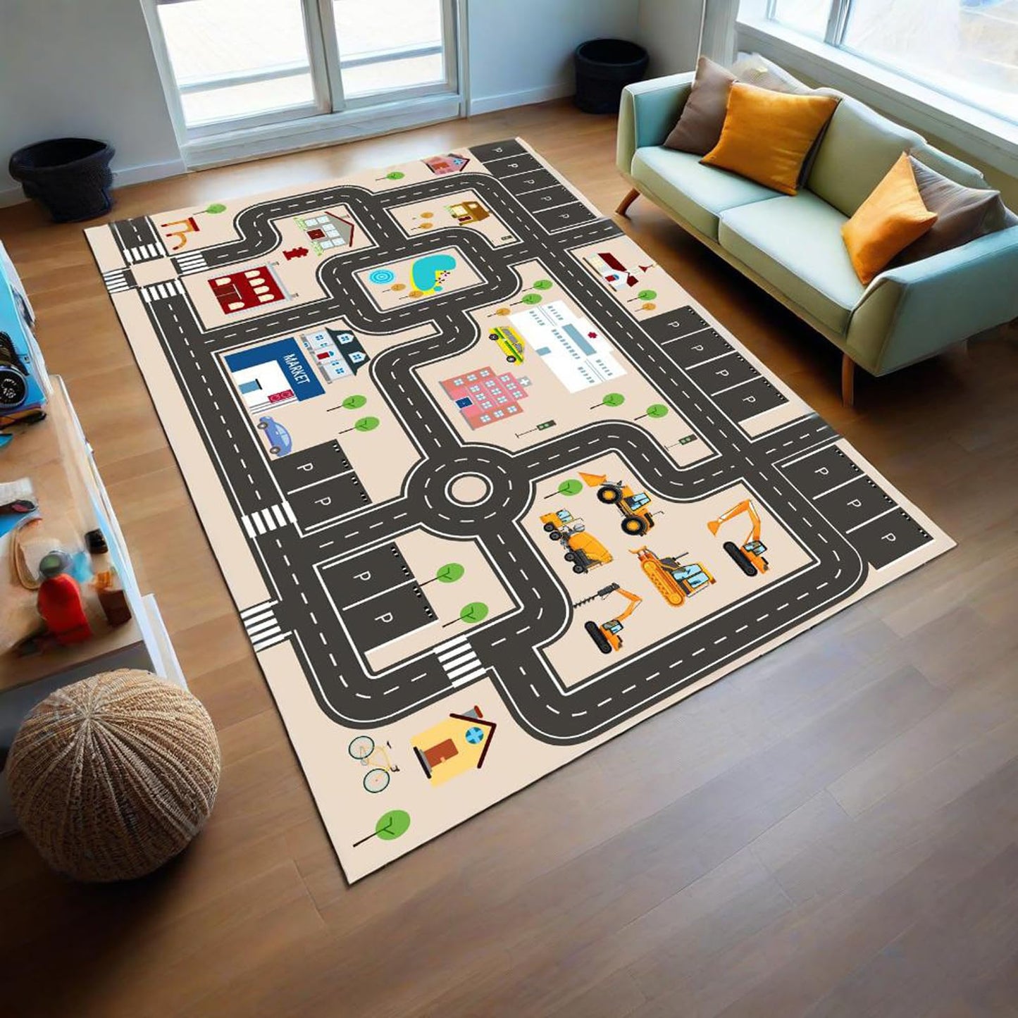 Jngred Kids Car Rug Playmat with Non-Slip Rubber Backing,Car City Life Road Carpet,Child Car Traffic Rugs ,Train Track Play Mat(80×120cm/32×47in)