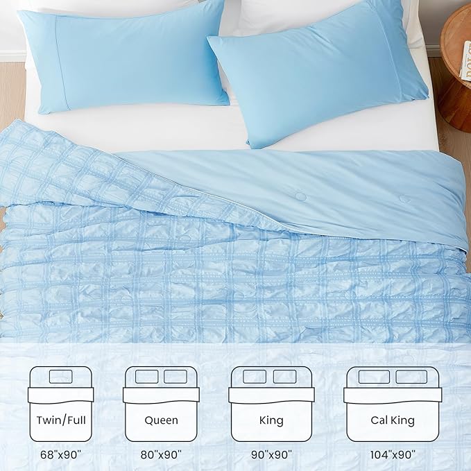 Cozy Bliss Cooling Comforter Queen Size Seersucker Plaid, Q-Max 0.4 Reversible Lightweight Cooling Blanket, Breathable Silk Smooth Summer Bedding Quilt for Hot Sleepers Night Sweats Blue