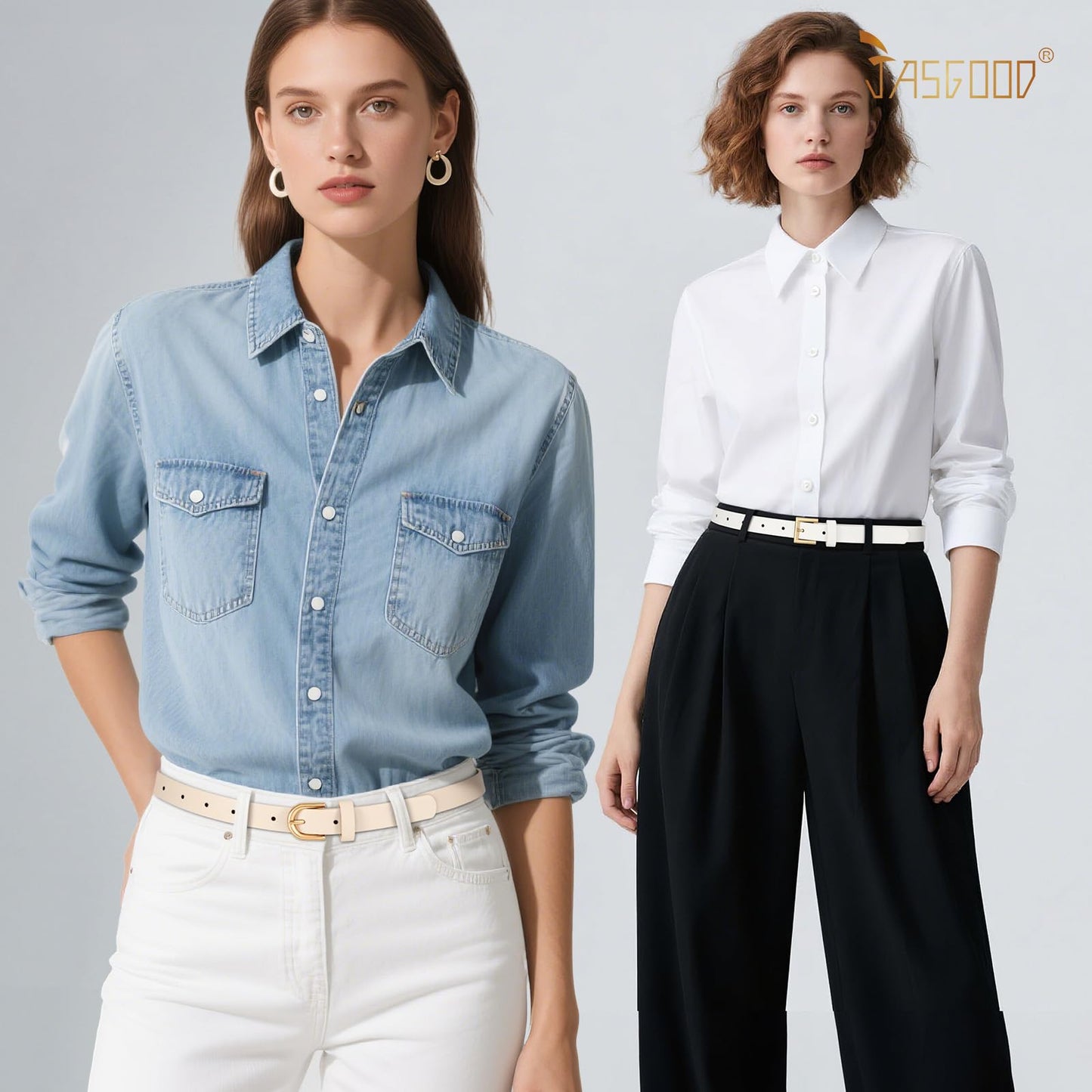 JASGOOD 4 Pack Women Skinny Leather Belt for Dresses with Gold Buckle Ladies Thin Waist Belt for Jeans Pants,Beige+White+Black+Blue