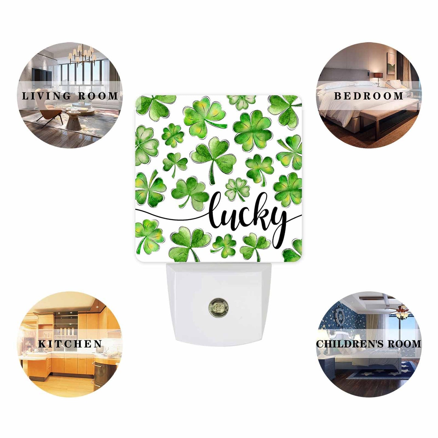 Green Lucky Clover Leaves Plug-in LED Night Lights St. Patrick's Day Shamrocks Auto Dusk-to-Dawn Sensor for Bedroom, Bathroom, Kitchen, Nursery, Hallway, Stairs, Wall Home Decor