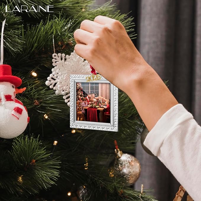 Laraine Christmas Tree Ornaments – Decorative Hanging 2025 Holiday Keepsake Gift Pendant with 2.5” Photo Frame Insert for Picture of Pet (Square Silver (2025))