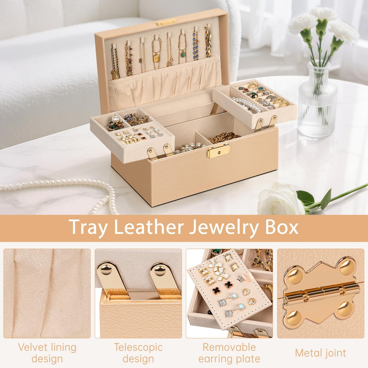 AKOZLIN Travel Jewelry Box Organizer Functional 2-trays Leather Jewelry Storage Case with Lockable Portable for Women Girls Ring Necklace Earring Bracelet Champagne