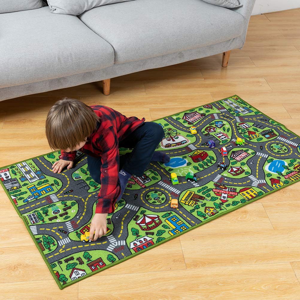 JOYIN Kids Play Rugs - 12 Pull-Back Vehicle Set - Durable Carpet Playmat Rug - City Pretending Play - Toddler Car Track Rug