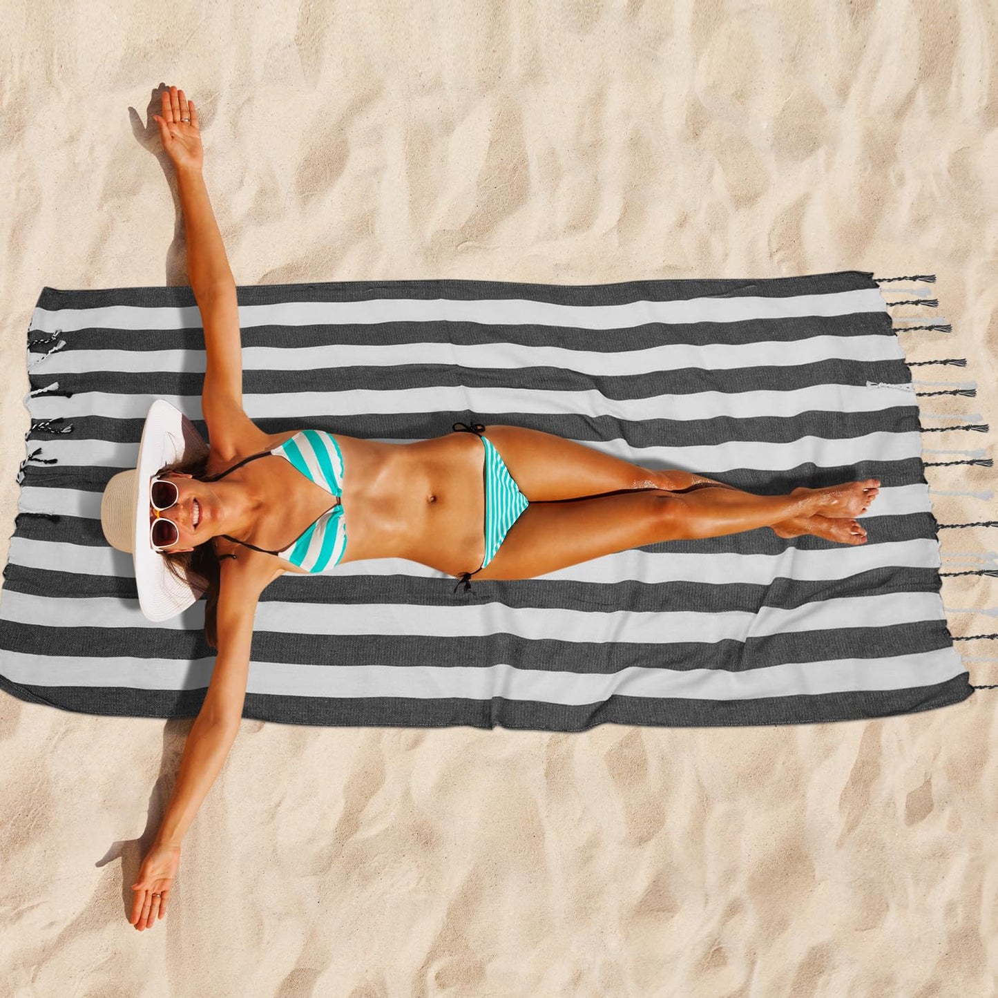 Kongdaoth Set of 6 Turkish Beach Towel, Cotton Beach Towels, 36 x 71 Inches Turkish Towel, Sand Free, Quick Dry, Lightweight Beach Towels for Adult Black