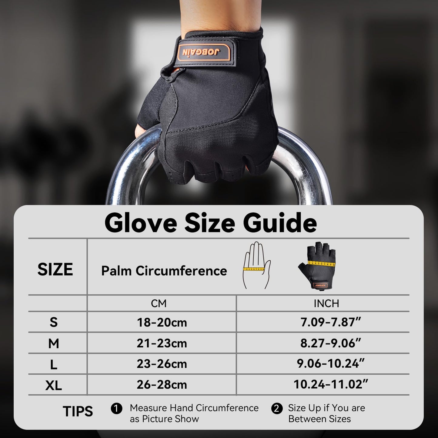 JOBGAIN Workout Gloves for Women and Men, Breathable Weight Lifting Gloves, Grip & Shock Absorption, Full Palm Protection, for Gym Exercise, Fitness, Training & Cycling, Black, Size S