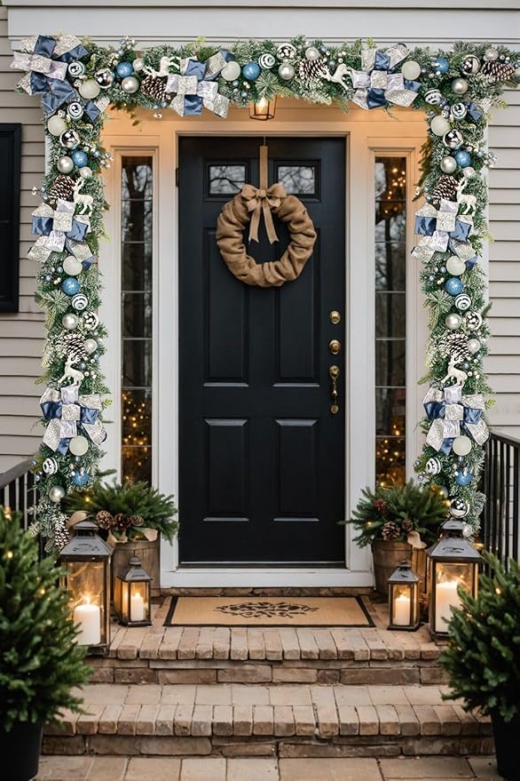Christmas Garland for Front Door, 6 Foot Artificial Unlit Winter Garland with Pine Cones, Berry Clusters, Blue Ball Ornaments and Ribbons for Thanksgiving Holiday Christmas Decoration