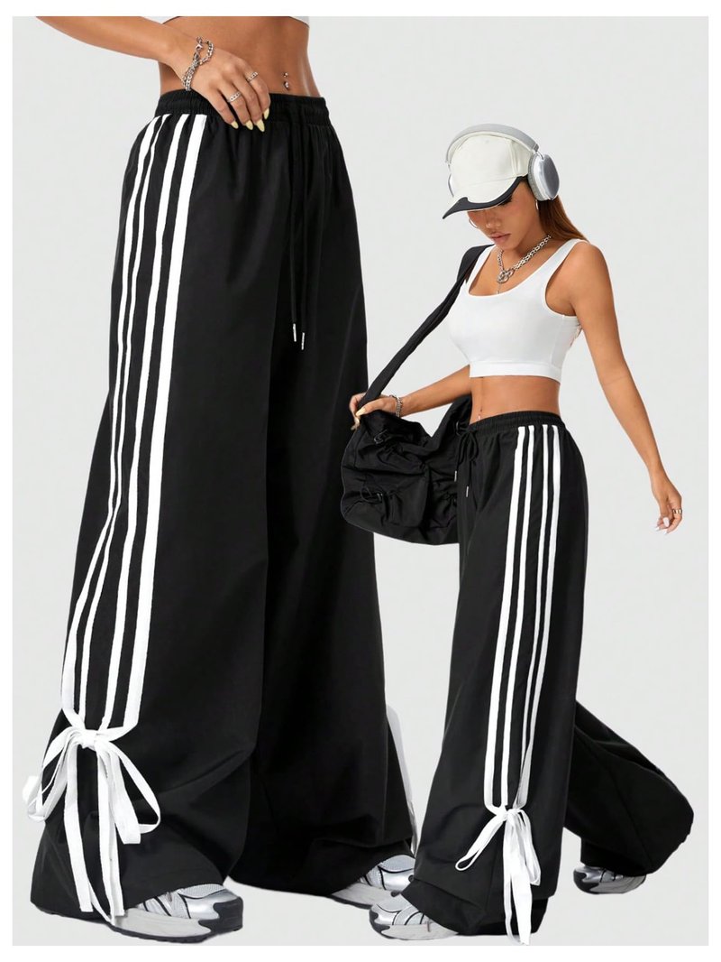 BEAUDRM Women's Y2K Baggy Bow Wide Leg Pants Striped Track Elastic Waist Long Sweatpants Parachute Pants Black and White Large