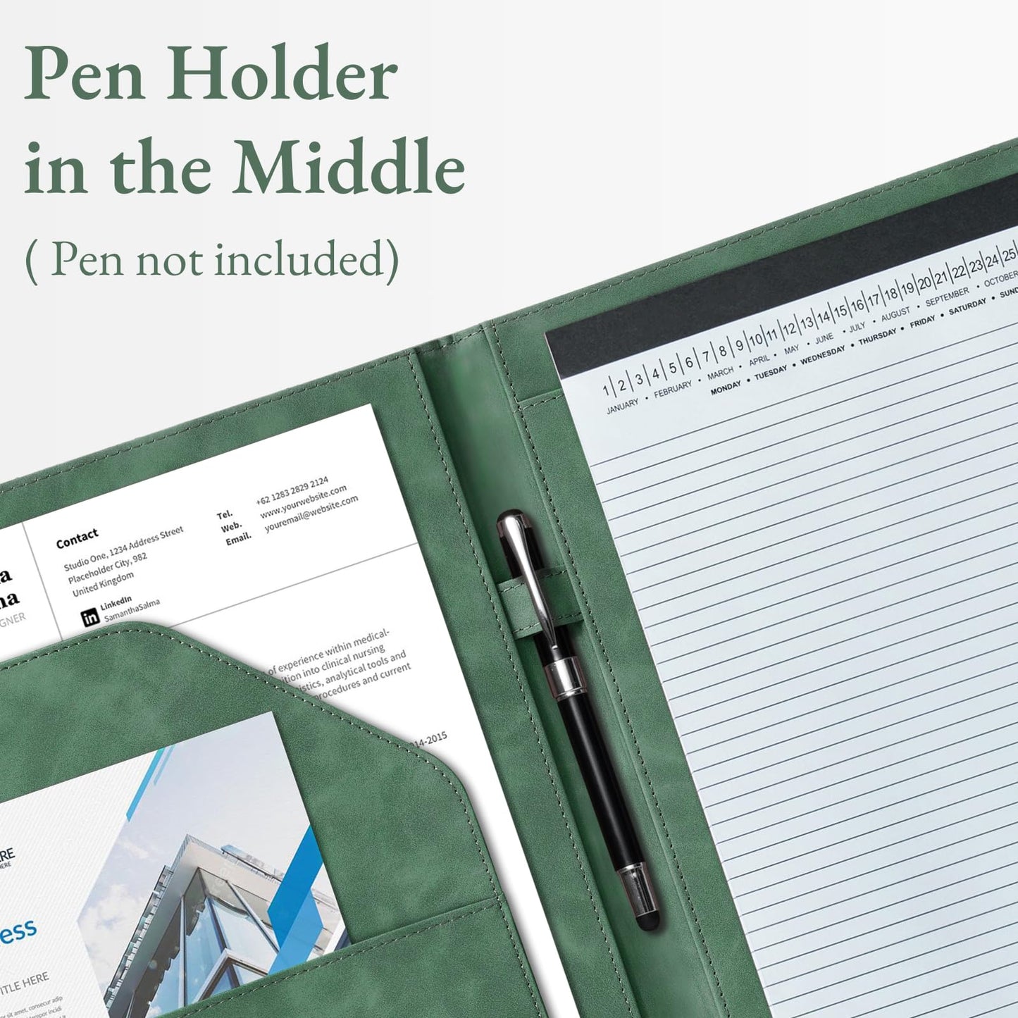 Mymazn Padfolio Portfolio Binder, Faux Leather Interview Resume Folder with Document Organizer & Business Card Holder, Letter-Sized Notepad Legal Pad Holder for Women Men (Green)