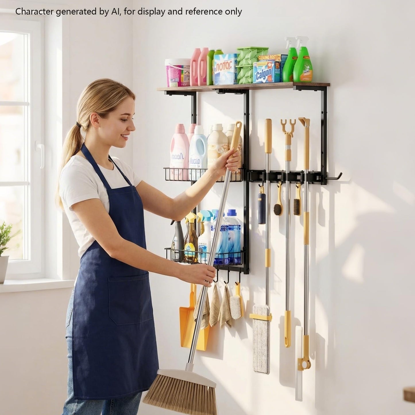 LYYKCCXYY Broom Holder Wall Mount,Mop Rack With Storage Basket,Diversity Laundry Room Cleaning Tool Storage container,Suitable Family Garage Kitchen Organization Wall-Mounted Rack (Black, Medium)