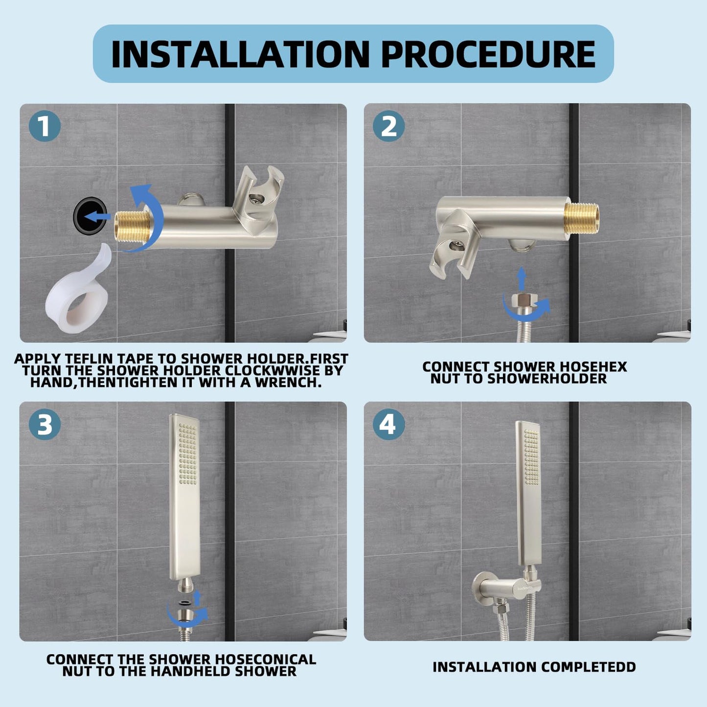 Backnets Solid Brass Handheld Shower Head Arc Design High Pressure Brushed Nickel Hand Shower Wand with Adjustable Supply Elbow Wall Connector Shower Holder and 59″ Stainless Steel Hose Set