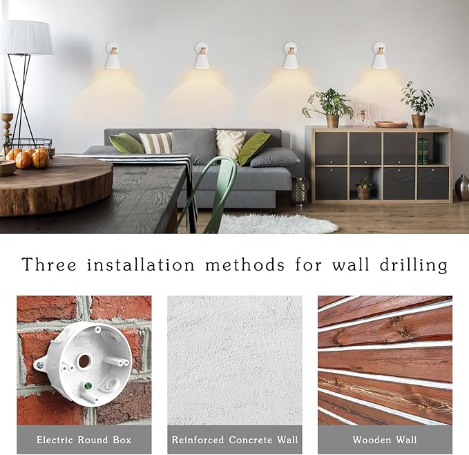 Wall Sconce with Metal Shade, Plug Switch, Indoor Decor Wall Mount Swing Arm Lamp for Bedroom,Hallway,Living Room,Reading, White