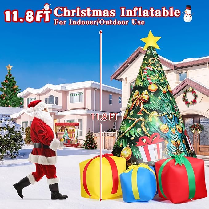 GOOSH 11.8 FT Christmas Inflatables Tree Outdoor Decorations Blow Up Christmas Tree Gift Box Yard with Colorful Light for Holiday Party Indoor Garden Lawn Decor (Yellow)