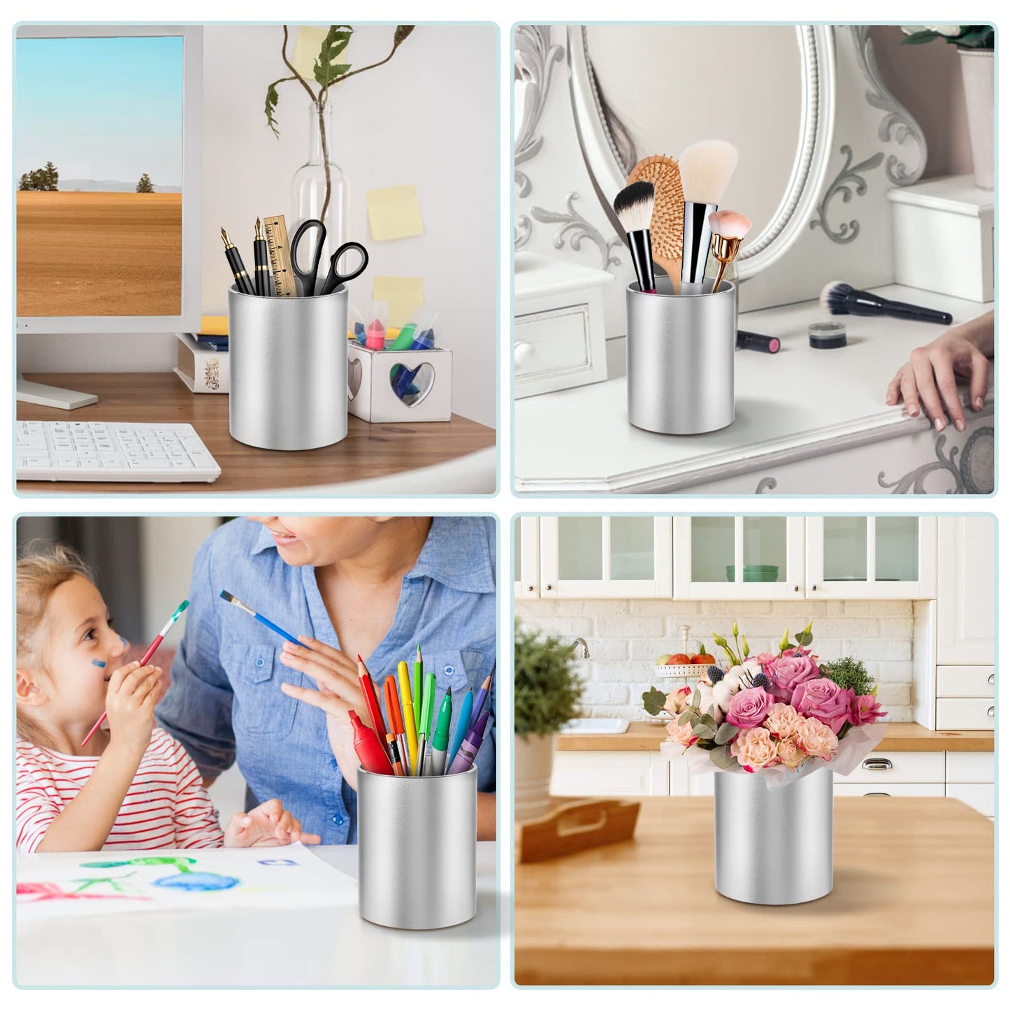 Dopaka Pen Holder Pencil Holder for Desk, Metal desk pen holder, Makeup Brush Holder, pencil cup, pen organizer for desk, for Office, School, Home, and Kids 3.9×3.14inch(Silver)