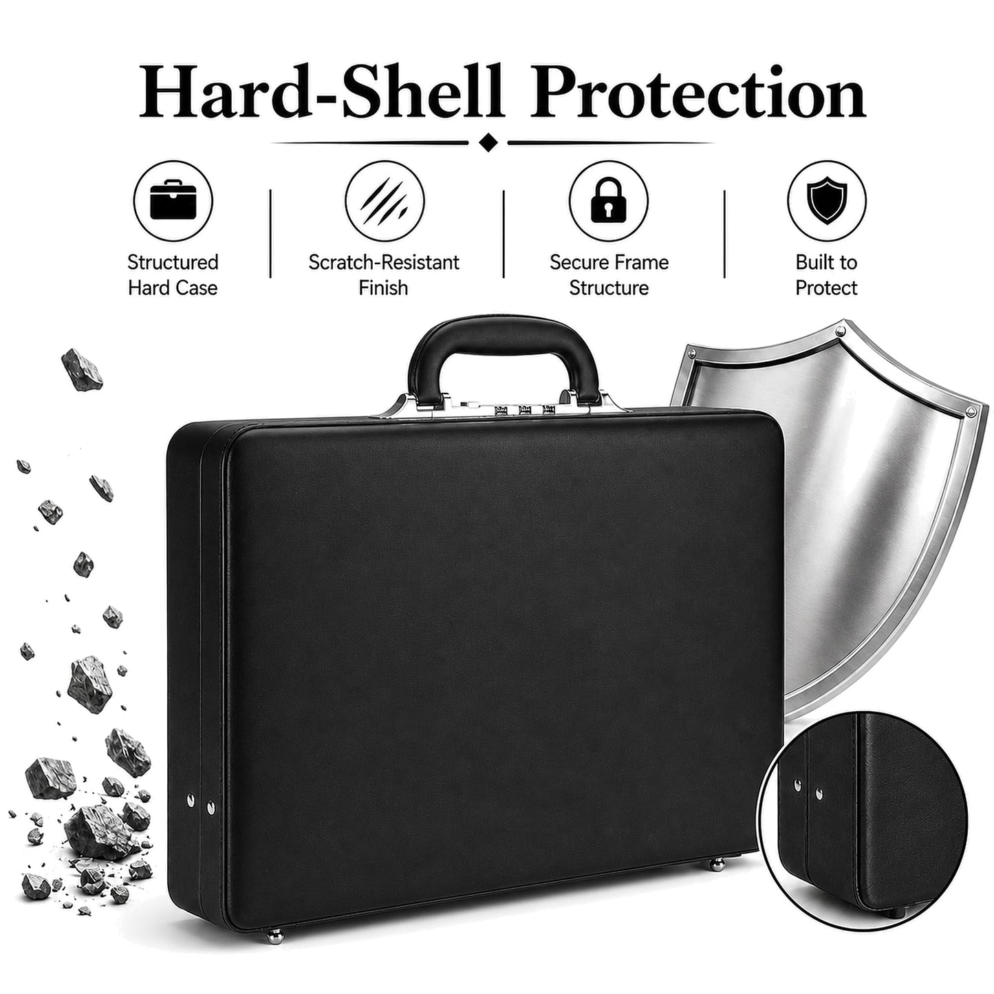 HAESTUS Leather Briefcase for Men with Combination Lock, Classic Hard Shell Attache Case in Black, Fits 16 Inch Laptop