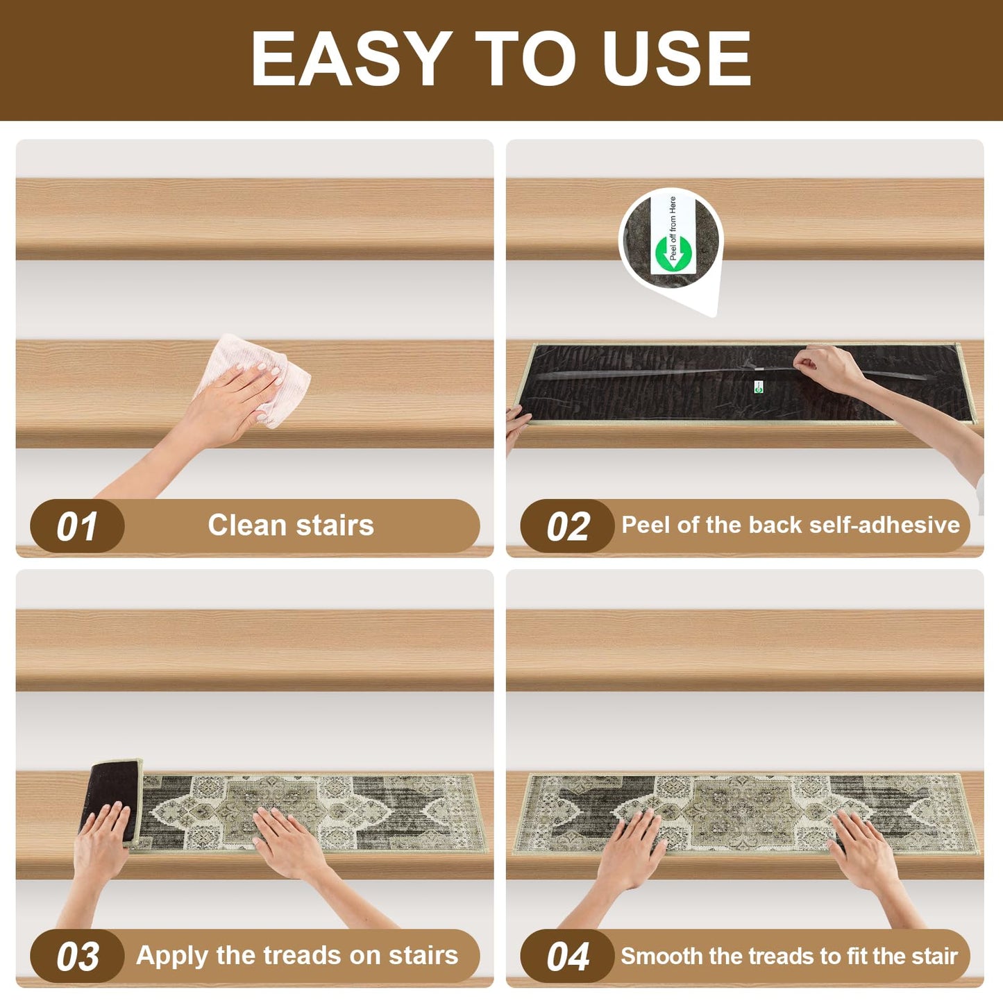 Non Slip Stair Treads for Wooden Steps Indoor, Begie, 15pcs, 30"X8", Soft Carpet Mat, Machine Washable Boho Carpet Treads with Reusable Adhesive Backing, Safety Stair Tread for Dog, Kid, Elder