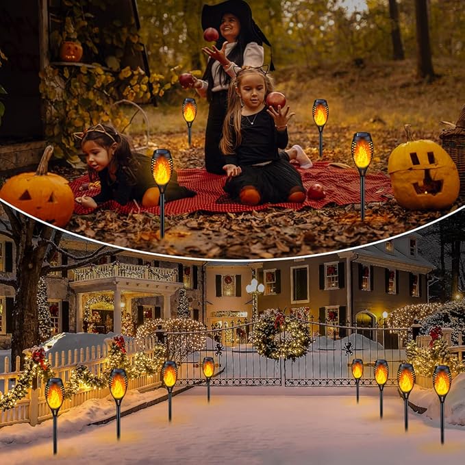 IkeeRuic Solar Halloween Flame Torch Lights for Outdoor Decor, 12Pack Outdoor Lights Solar Powered Waterproof, LED Torches for Outside Decor, Luces Solares Outdoor Decorations for Patio Garden Art