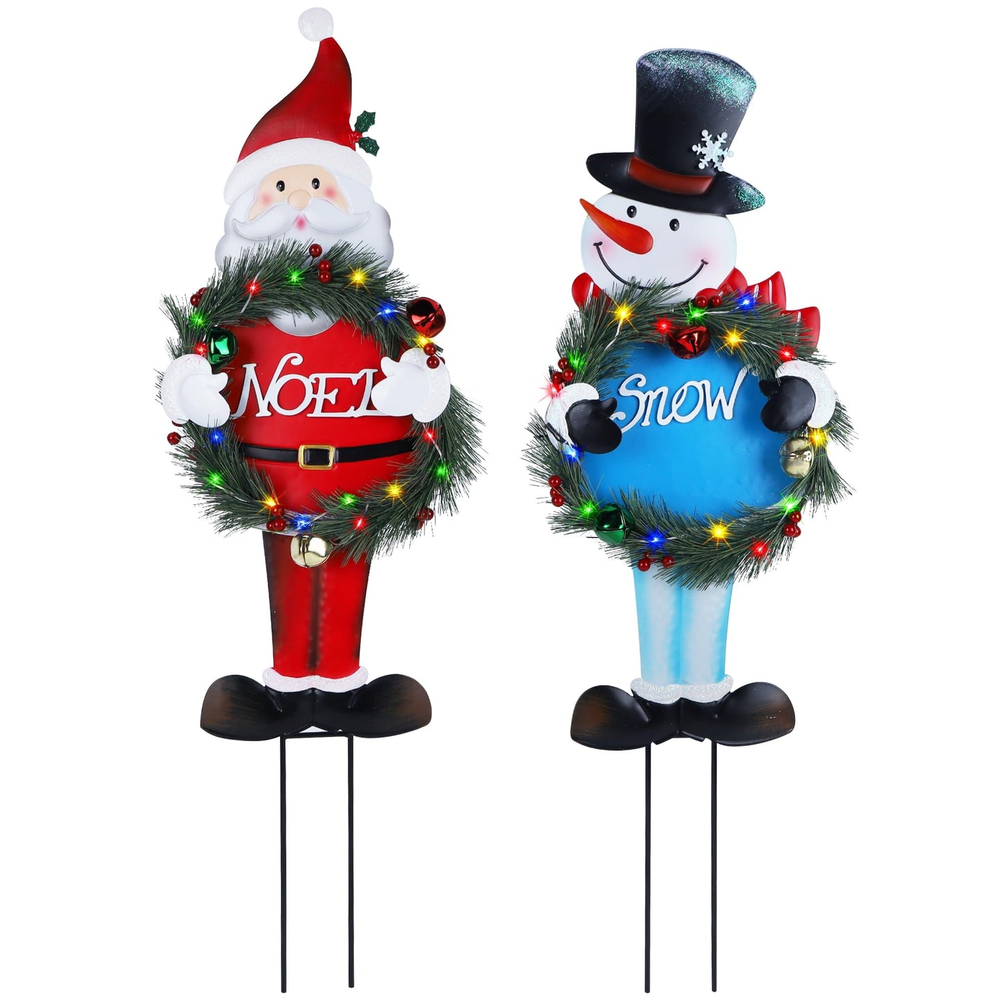 Stentec Lighted Christmas Decorations Outdoor, 2 Pack 30" Height Santa & Snowman Xmas Yard Signs Metal Garden Stakes with LED Lights, Battery Powered for Holiday New Year Winter Walkway Patio Lawn