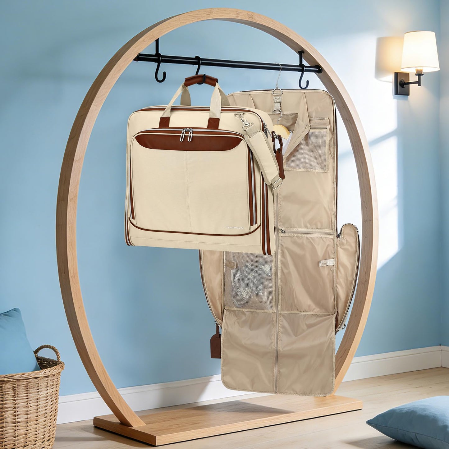 TONRUYN Travel Garment Bag Carry on Suit Bag for Women 51'' Waterproof Garment Bags Dress Bag for Travel Business Hanging Suitcase Luggage with Shoulder Strap Free shoes bag Fit 15.6'' Laptop, Beige
