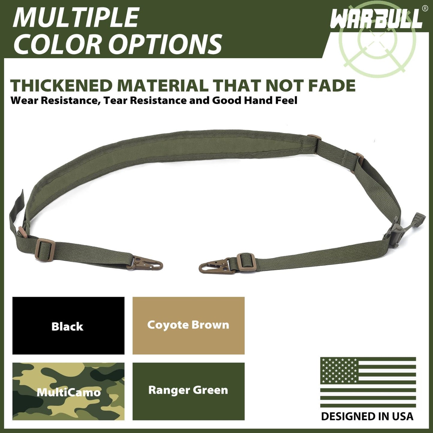 WarBull Quick Adjust Rifle Sling, QD Swivel 2 Point Sling with HK Hook, Soft Shoulder Pad Tactical Gun Sling for Rifle, Shotgun, and Crossbow, for Hunting, Camping, and Outdoor Sports (OD Green)
