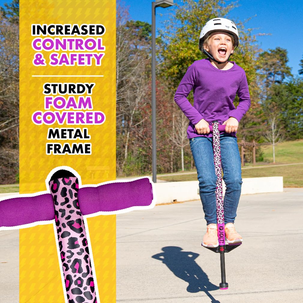 Flybar Jolt Pogo Stick for Kids, Perfect for Beginners w/ Foam-Covered Metal Frame, Handles & Padding, Non-Slip Foot Pads, Wide Tip, Outdoor Active Play Toy for Boys & Girls, Ages 6+, Leopard