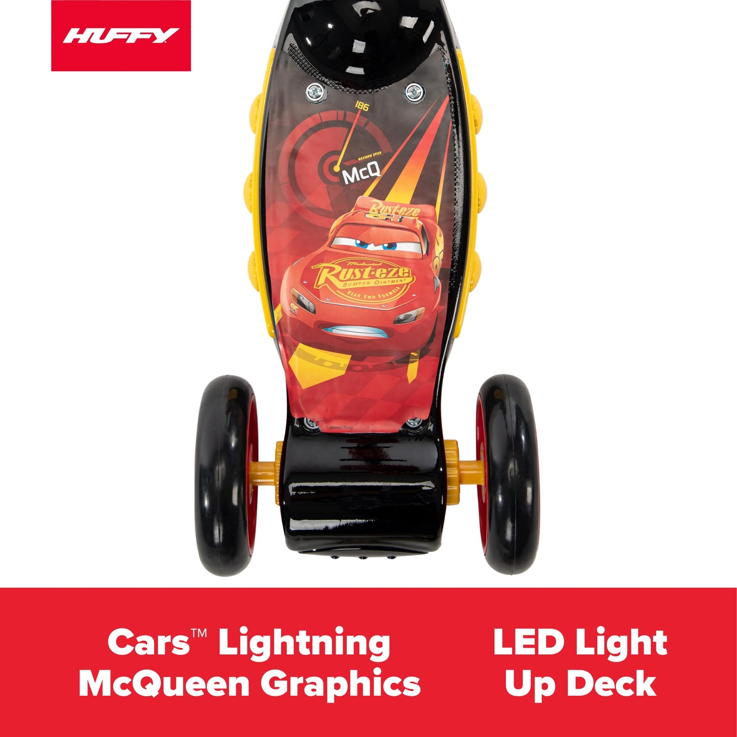 Huffy Disney Pixar Cars Preschool Scooter with Lights, Bell, and Water Bottle, Superhero Red