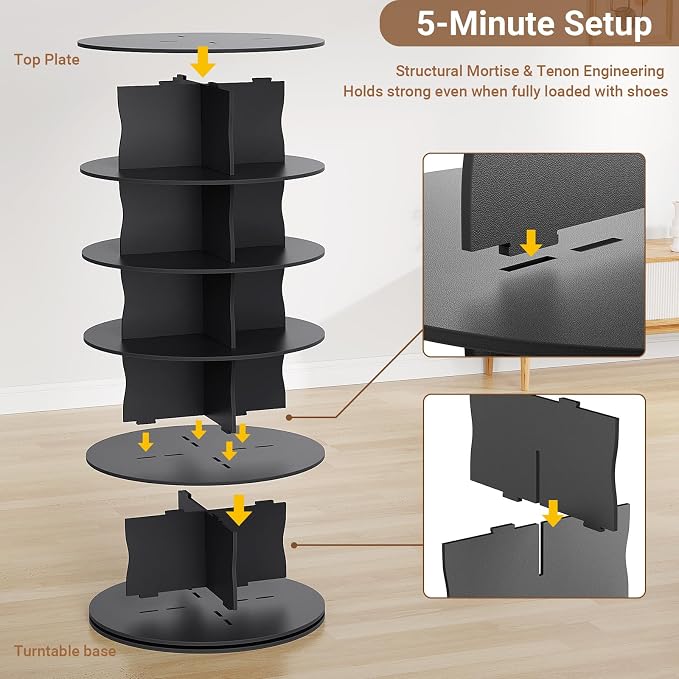 5-Tier Rotating Standing Shelf Unit with Dividers, 360° Storage Display Tower Vertical Floor Organizer, for Bedroom, Closet, Entryway & Office, Ideal for Shoes, Cosmetics & Handbags, Black