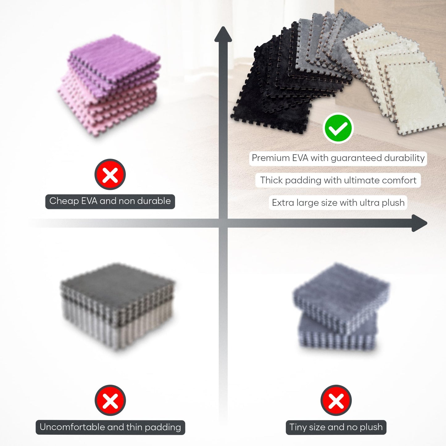 Puzzle Carpet Squares - Large 16 Piece Interlocking Carpet Tiles, Thick Padded Squares for Baby Play Mats & Flooring Tile with Cushions, Playroom & Classroom Rug, EVA Soft Attached Plush Playmats