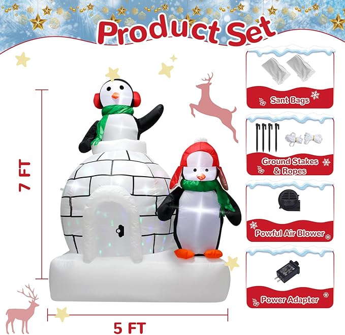 Christmas Inflatable Ice House Penguin 7 Feet Outdoor Decoration Featuring Two Adorable Penguins Ideal for Holiday Display with Built in LED Lights Perfect for Lawn Garden Entryway Christmas Party
