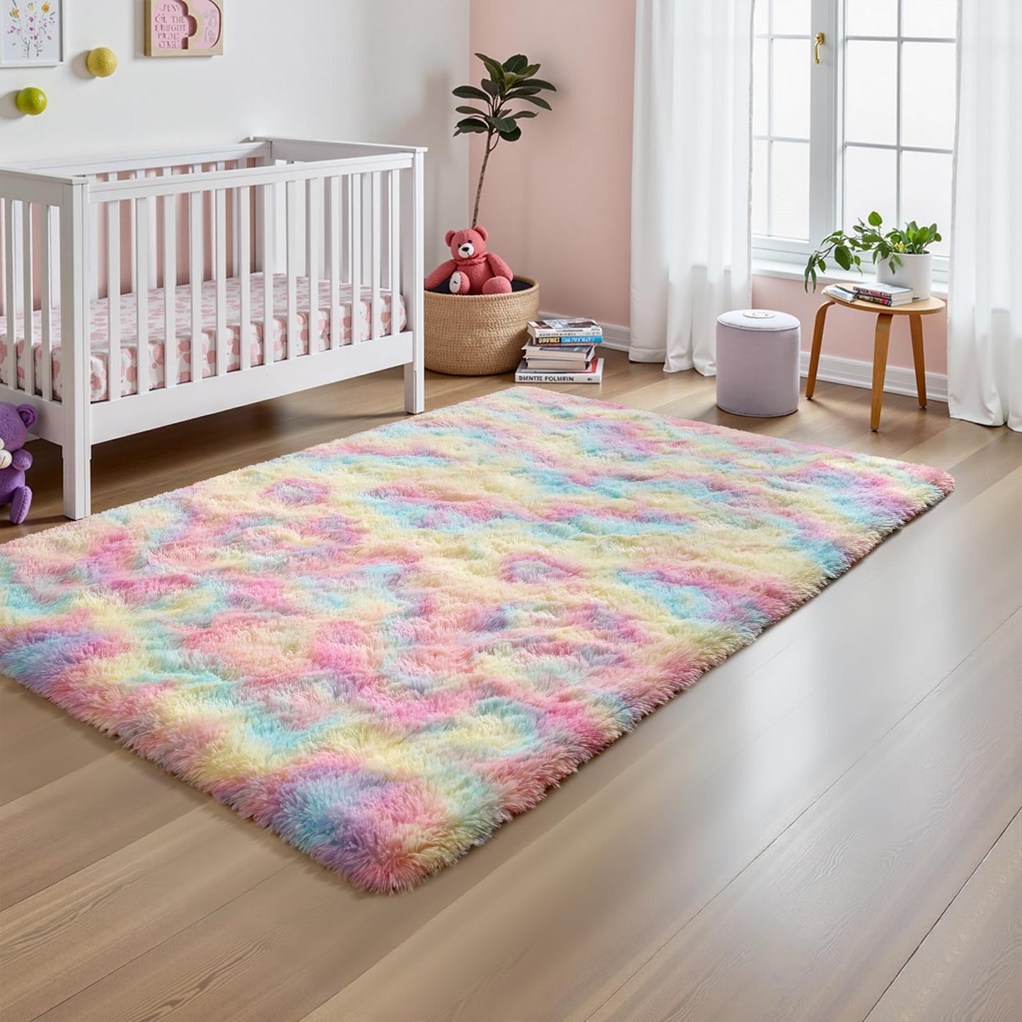 Terrug Fluffy Area Rug for Bedroom, Rainbow 3x5 Ft Throw Rug for Living Room Kids Room, Ultra-Soft Plush Washable Carpet with Non-Slip Rubber Backing, Cozy Floor Decoration