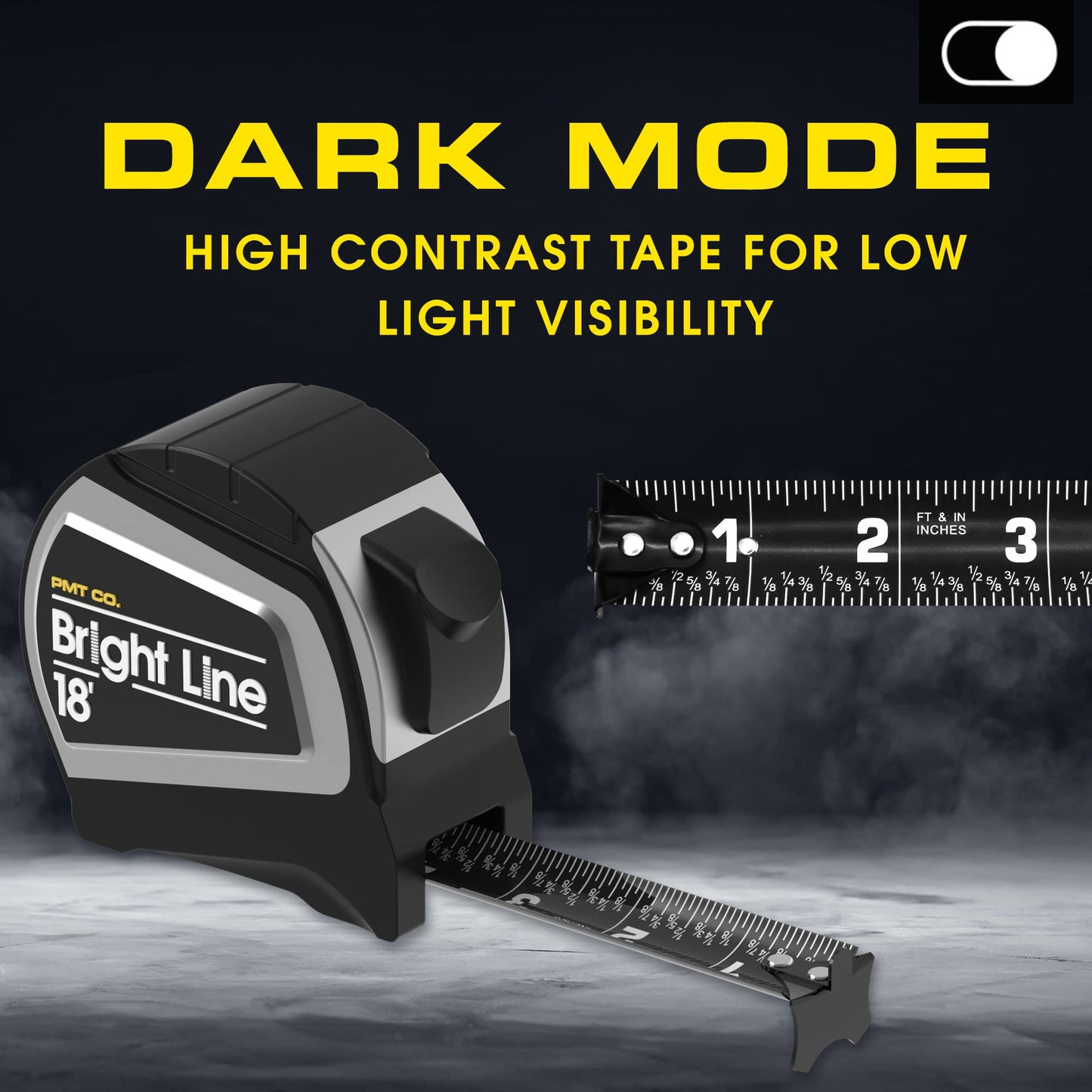 Perfect Measuring Tape - BrightLine High Contrast Dark Mode Easy Read Tape Measure for Low Light Visibility - Heavy Duty Rubber Case 18ft (Inch Fractions) Dual Sided Auto Lock Tape Measure Retractable
