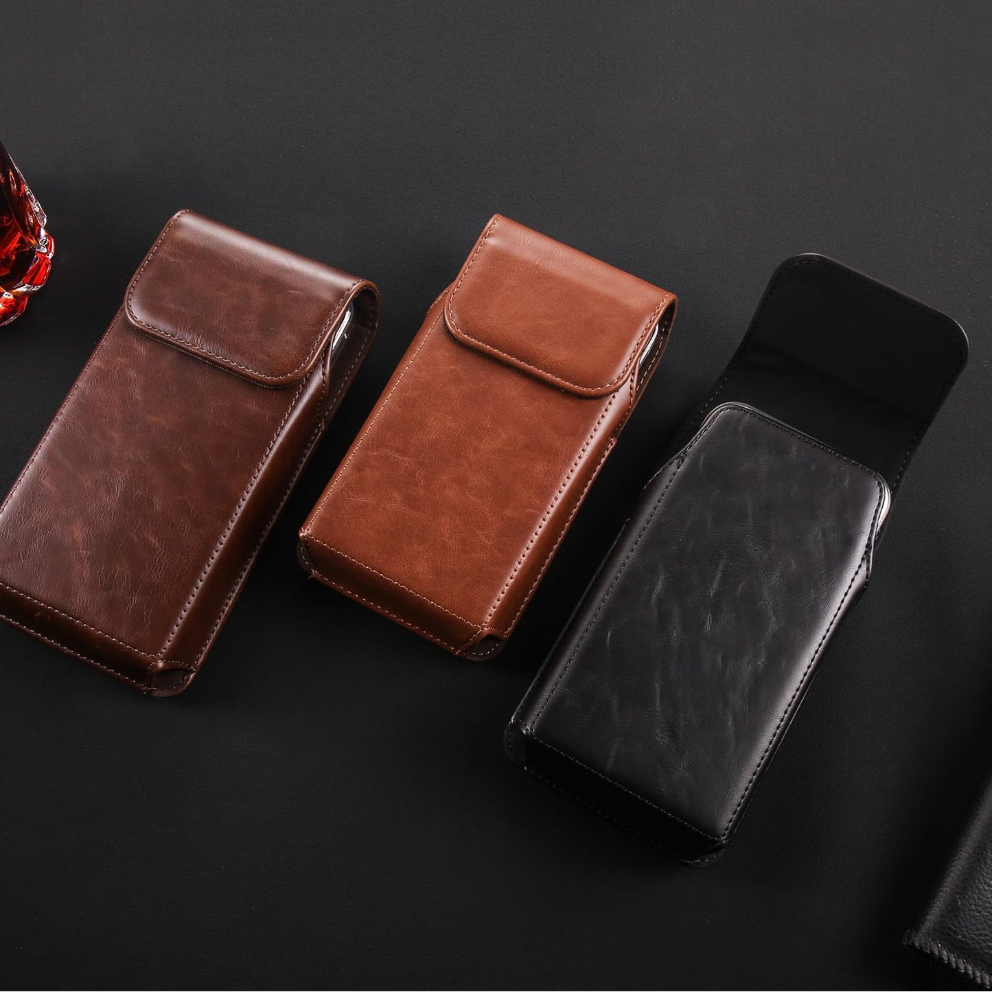 Miimall Cell Phone Holster for iPhone 17, 17 Pro 16, 16 Pro 15, 15 Pro 14, 14 Pro 13, 13 Pro 12, 12 Pro 11, 11Pro XR, Leather Cell Phone Belt Holder Pouch for Galaxy S26 S25 S24 S23 S22, Black-Medium