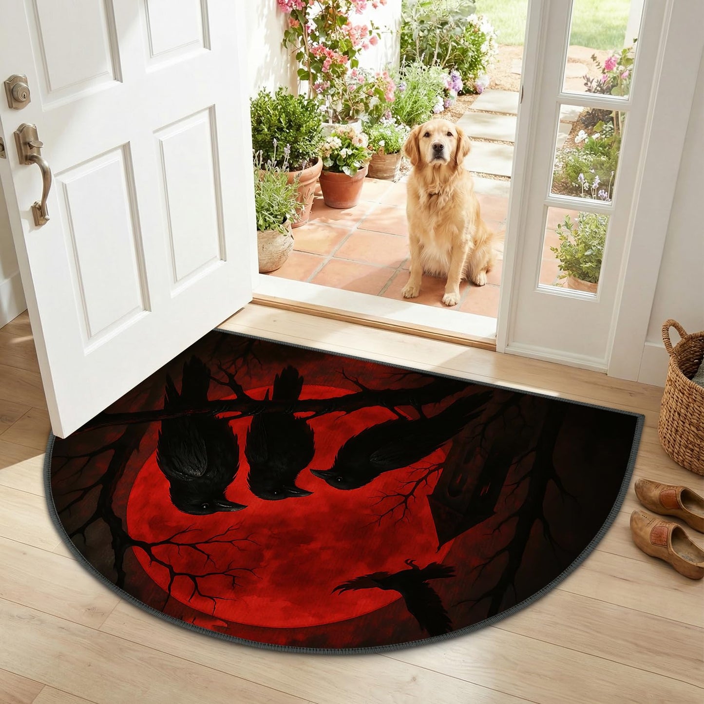 ANNA QUEEN Halloween Semicircular Entrance Door Mat 24" x 36", Gothic Raven Moon Indoor Outdoor Doormat, Non Slip Half Round Welcome Rug Low Profile for Front Door Entryway Porch Patio