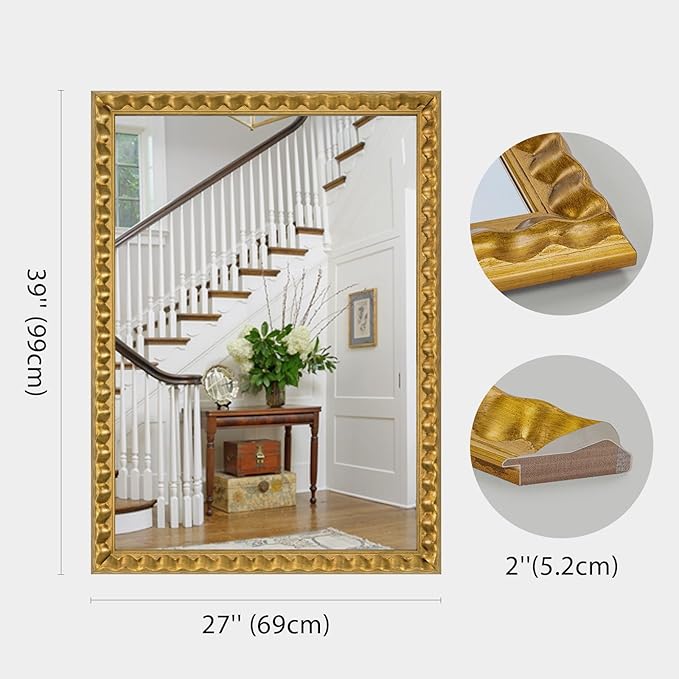 Gold Decorative Mirror for Living Room, 39'' X 27'' Rectangular Wall Mirror with Wavy Wood Frame, Unique Gold Wood Mirror for Bathroom, Dining Room, Entryway, Hallway