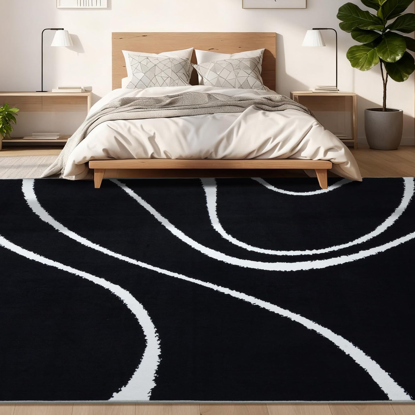 YIHOUSE Abstract Washable Rug 5x7,Ultra Thin Non Slip Black Rugs for Living Room,Modern Minimalist White Stripe Rugs for Bedroom,Dining Room Office Playroom (5'x7',Black-2)