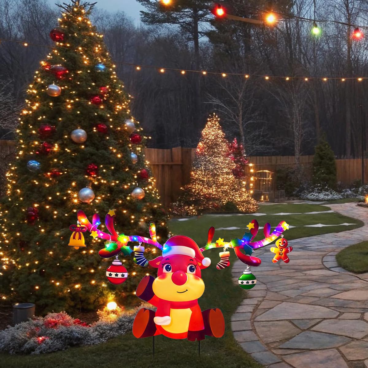 Christmas Garden Stake with String Lights, Outdoor Christmas Metal Reindeer Yard Sign Stakes, XmasWelcome Signs Decorations for Holiday Pathway Home Lawn Graden Party Decor
