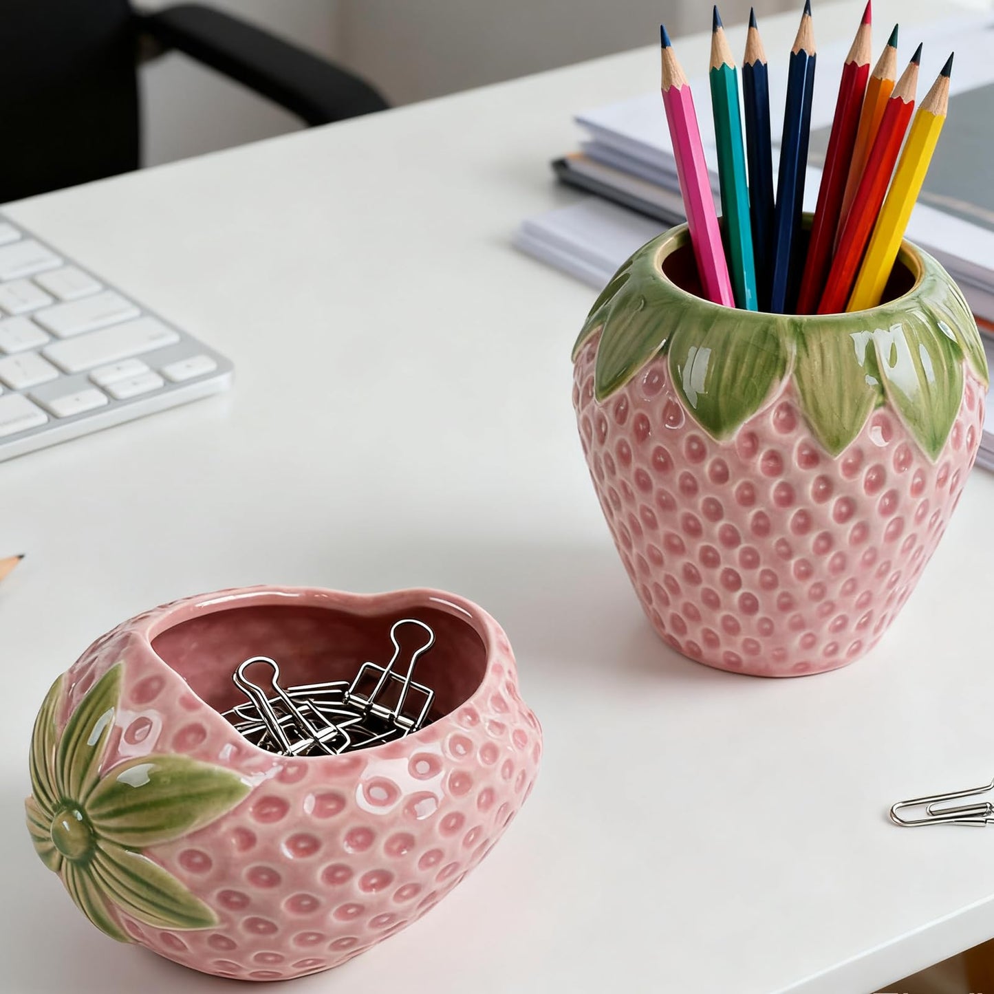 Zaposcca Ceramic Paper Clip Holder, Strawberry-Shaped Binder Clip Box Cute Office Decor Supplies for Desk Organizer (Strawberry Pink)