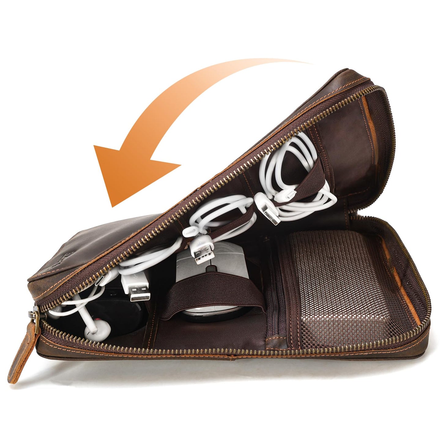 Polare Full Grain Leather Travel Cable Organizer Case Electronics Accessories Carry Bag with YKK Zippers Tech Storage Bag for Cables, Power Bank, USB, SD Card, Travel Essentials
