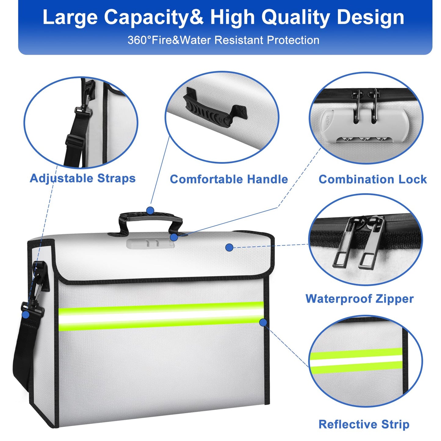 ZYMMYZ 6500°F Large Fireproof Document Organizer with Lock,Upgraded 10 Layers Heat Insulated&Waterproof Zipper,Removable Folder Layers/Wallet,Portable Home Travel for Documents(16.5x12.4x5.5 inches)