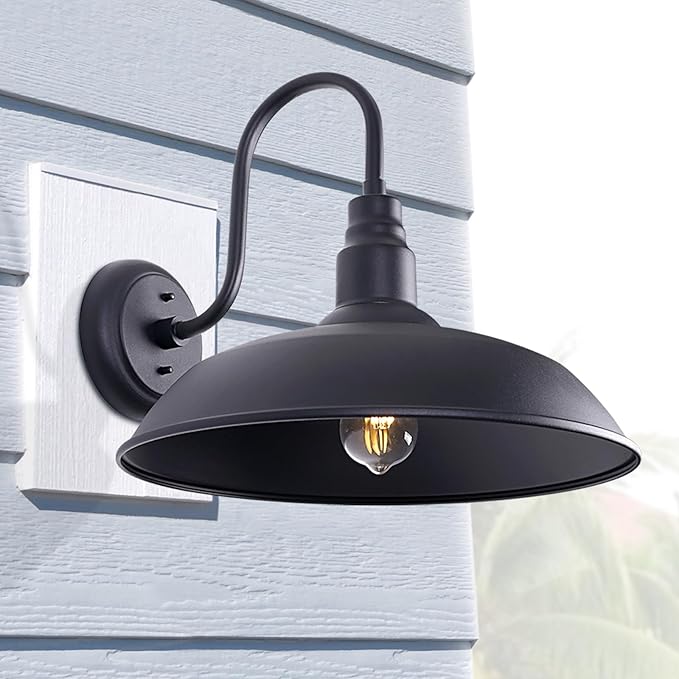 16 Inch Gooseneck Light Fixture for Barn Door, 2 Pack Large Barn Lights for Front Porch, Black Outdoor Farmhouse Light with Goose Neck Arm, Exterior Wall Dome Lighting for House Garage
