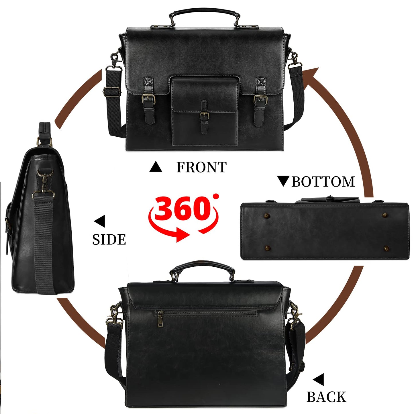 Leather Messenger Bag for Men Women 15.6 Inch Waterproof Vintage Leather Laptop Briefcase Large Satchel Shoulder Bag Office Travel College Computer Laptop Bag, Black