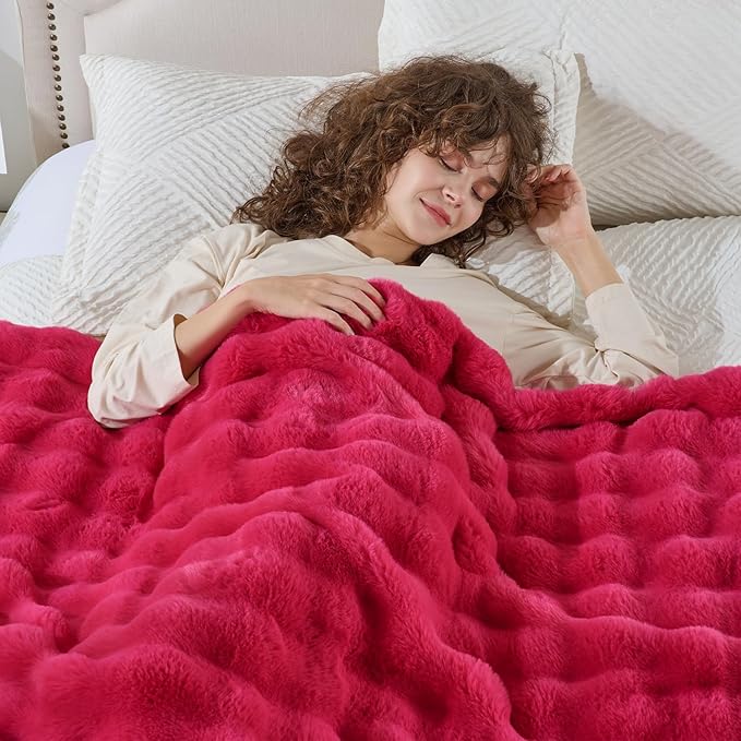 Krifey Hot Pink Bubble Blanket for Women, Soft Cloud Touch Bed Throw, Cozy Fuzzy Plush Thick Warm Blanket, Faux Rabbit Fleece, Christmas Birthday Gifts for her Girls Mom, Dorm Room Decor, 50x60in