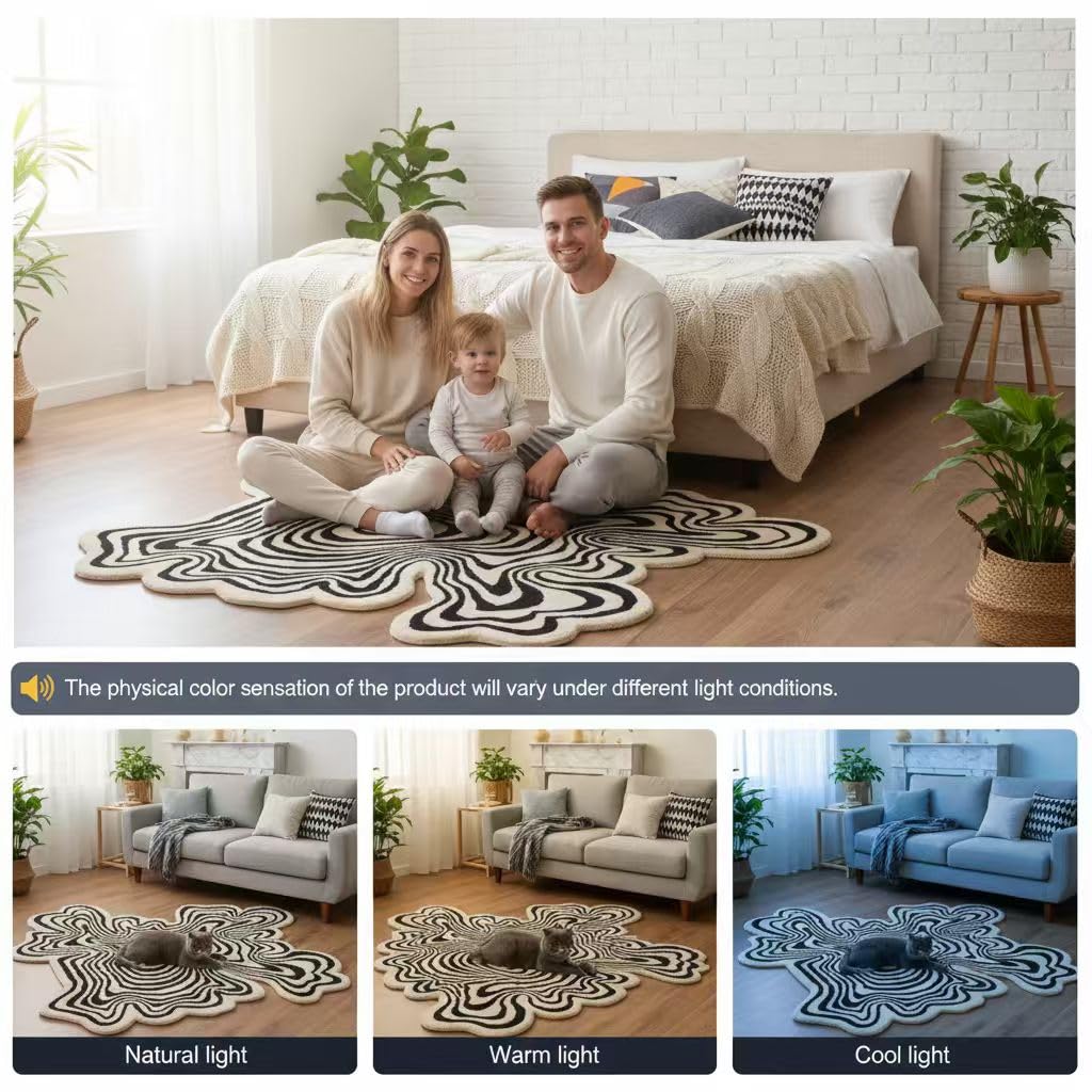 Irregular Shaped Black Beige Large Square Rug 5x5 Illusion Abstract Striped Pattern Washable Easy Clean Deco Rugs Living Room Diningroom Bedroom Playroom Guestroom Home Office Modern Carpet
