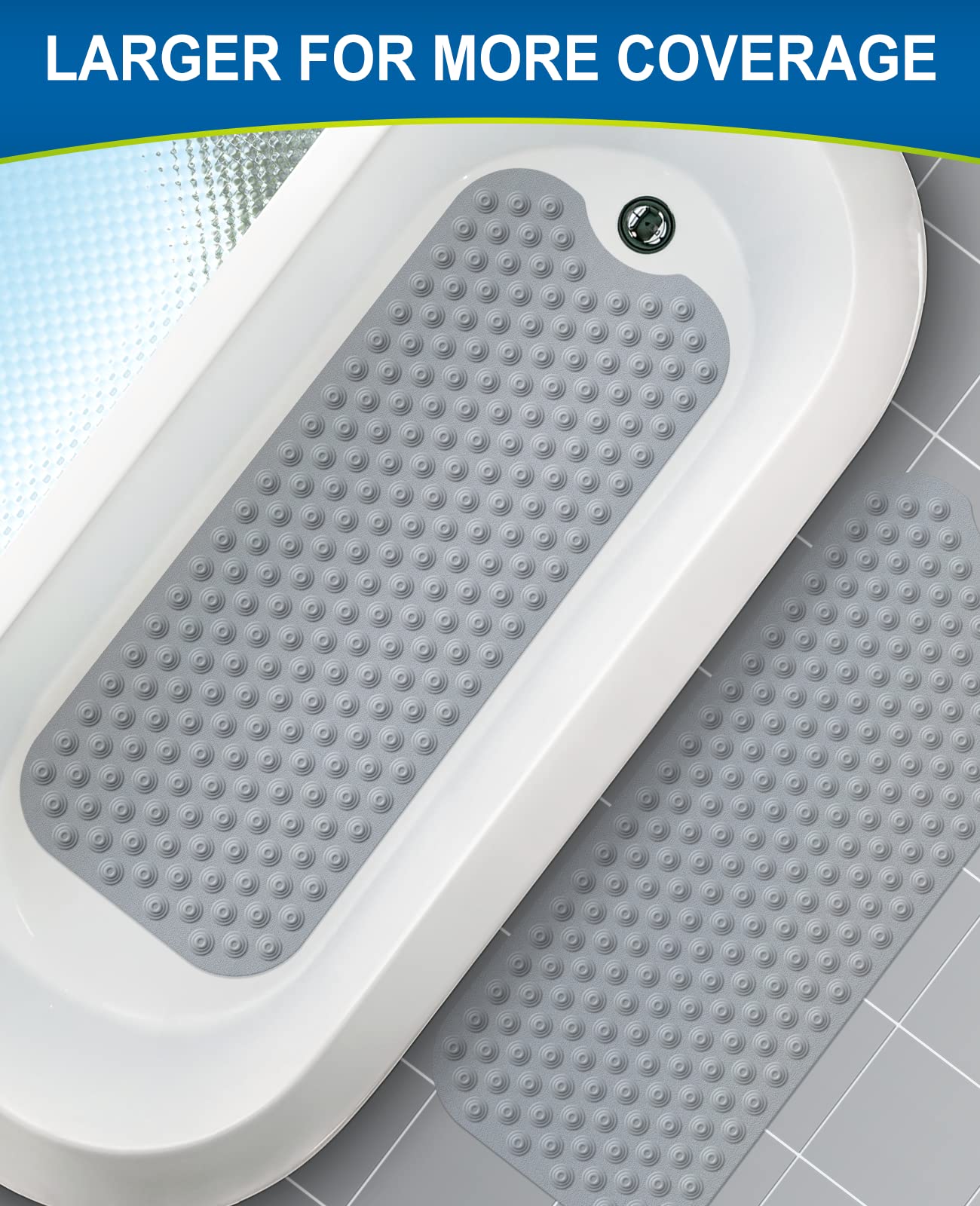 Bligli Bathtub Mat Non-Slip Without Suction Cups, 39x16inch Extra Long Bath Mats for Shower Bathroom, Machine Washable Natural Rubber Shower Tub Mat (39x16inch, Gray)