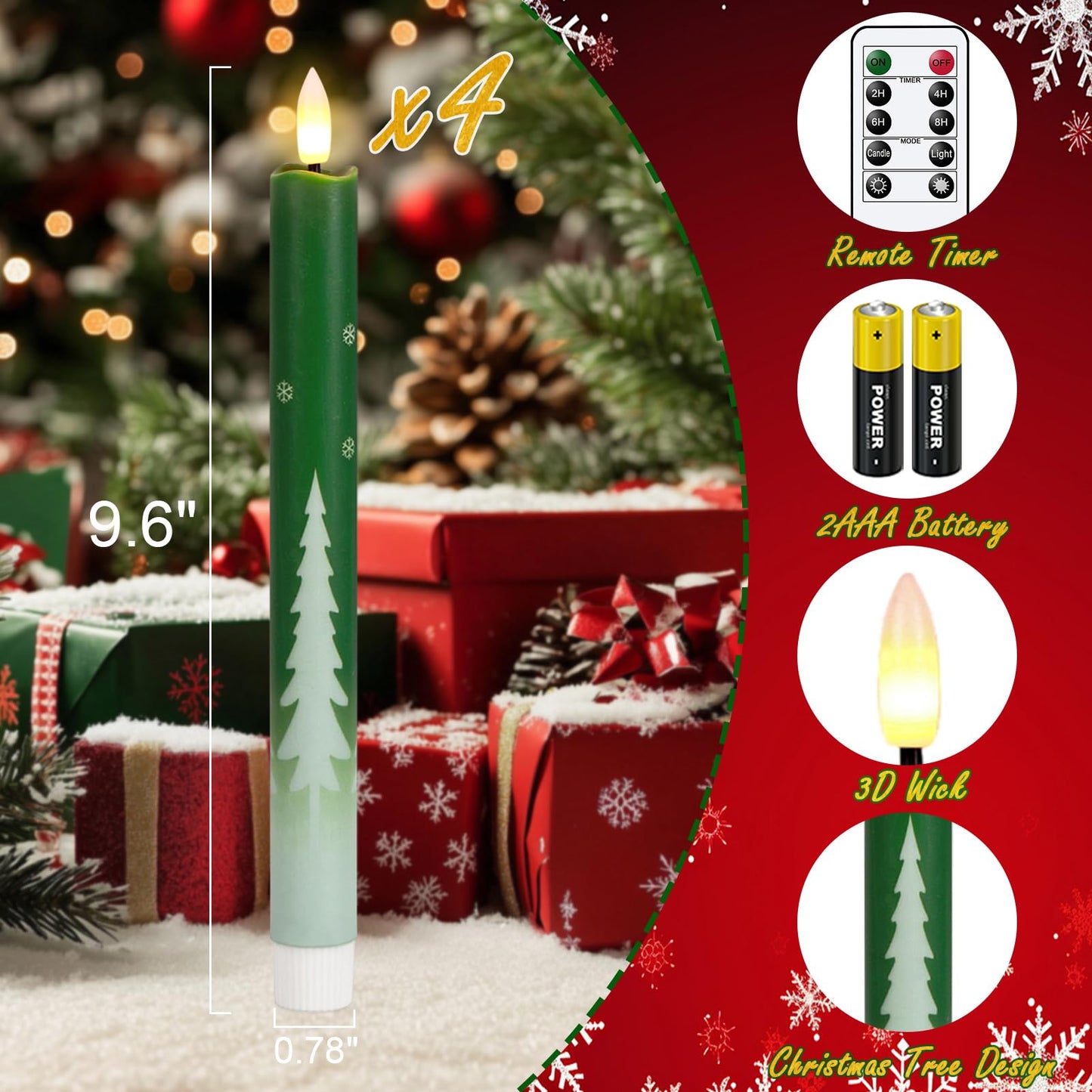 KunSwenn Christmas Tree Candles, Waxy LED Flamless Taper Candles with Remote Timer, Green Flameless Candlesticks with Tree Decals for Christmas Home Holiday Decorations(Set of 4, 0.78”x9.6”)