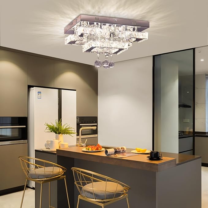 CXGLEAMING 11.8" Modern Crystal Chandelier LED Ceiling Light Fixture Suitable for Kitchen Corridor Hallway Bedroom Bathroom Dining Room 4 Petals/Raindrop Ball Square Remote Control/APP (dimmable)