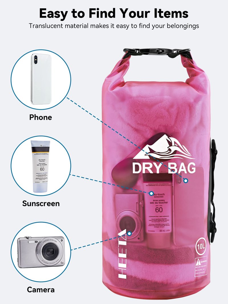 HEETA Dry Bag Waterproof for Women Men, Roll Top Lightweight Dry Storage Bag Backpack with Phone Case for Travel Swimming Boating Kayaking Paddle Board Camping Beach Accessories (Rose Red, 30L)