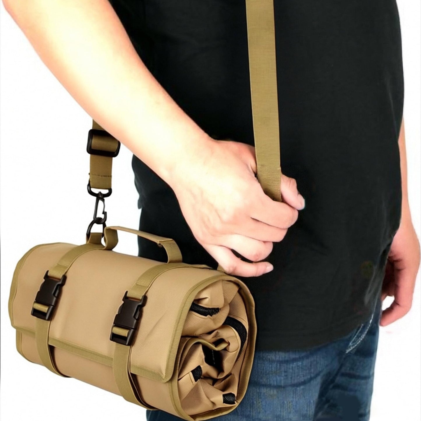 Tool Bag,Gifts for Men,Roll Up Tool Bag, Rollable Carrying Toolbag,Heavy Duty Tool Organizer, Foldable Empty Rollup Organizer with 2 Small Pouches (Khaki)