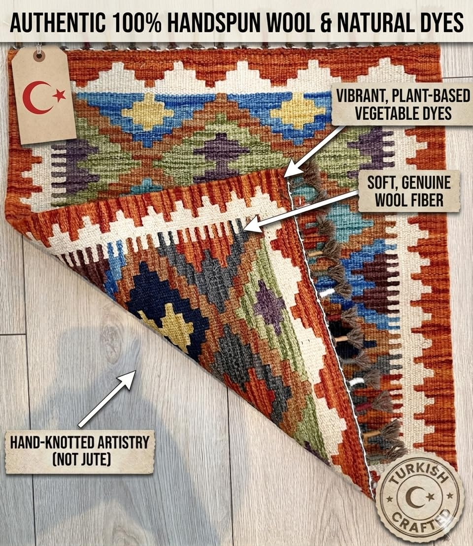 (Handmade Turkish Area Rug(YORUK Kilim) - 100% Wool - 20x22 in (1.5x2 ft) Small Accent Rug - Autumn Tones Geometric Diamond Design, Boho Decor for Side Table, Entryway, Wall Hanging)