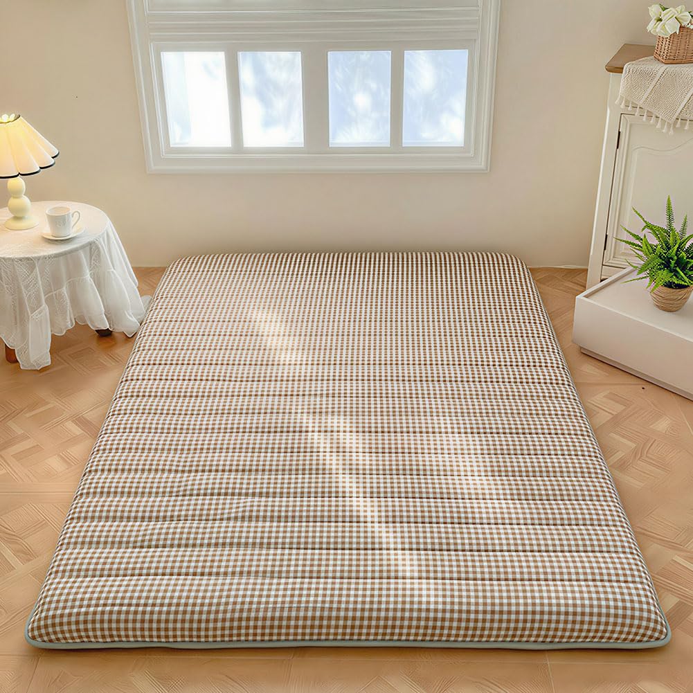 NSNLGSGC Tan Gingham Japanese Floor Mattress, 3.5" Thick High Density Foam Futon Mattress, Foldable Tatami Sleeping Pad, Roll Up Floor Bed for Dorm Guest Room, Twin Size 39" x 80"