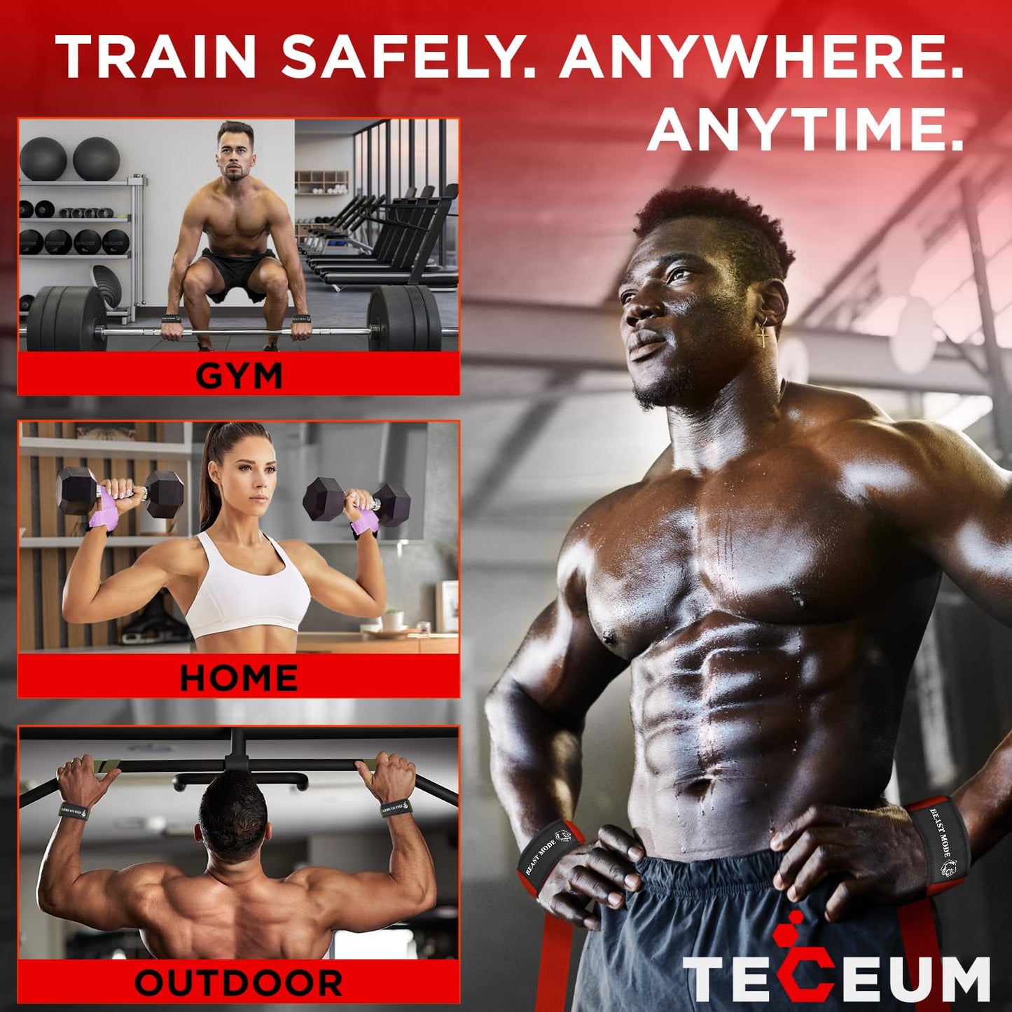 TECEUM Fit Lifting Wrist Straps with Neoprene Padding Support β Black β Beast Mode β Heavy Duty Wrist Workout Straps For Men and Women β Ideal for Powerlifting, Strength Training, Bodybuilding